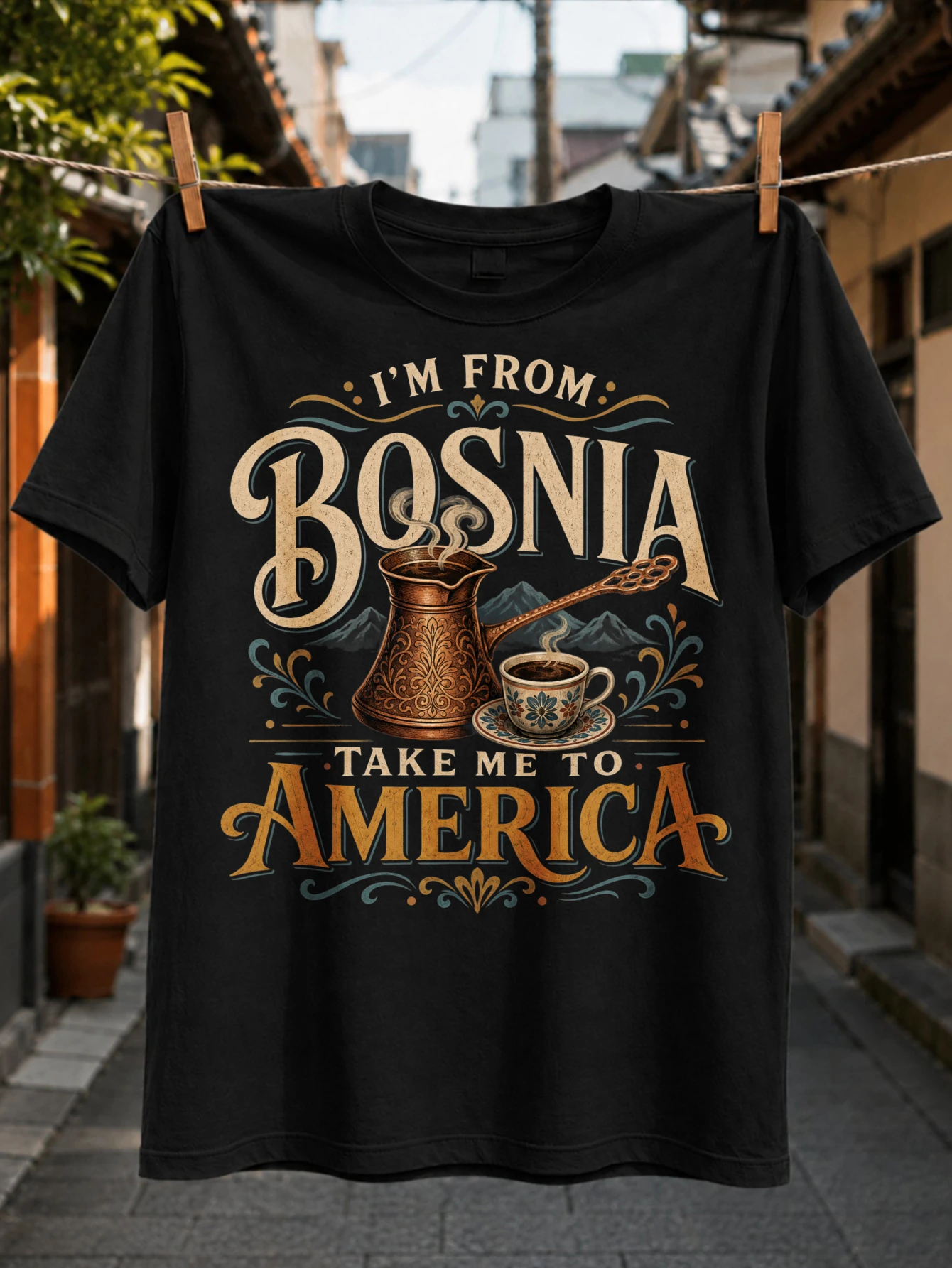 Bosnia Brass Coffee America Quote Tee traditional coffee pot small cup mountains and  Unisex All T-Shirt