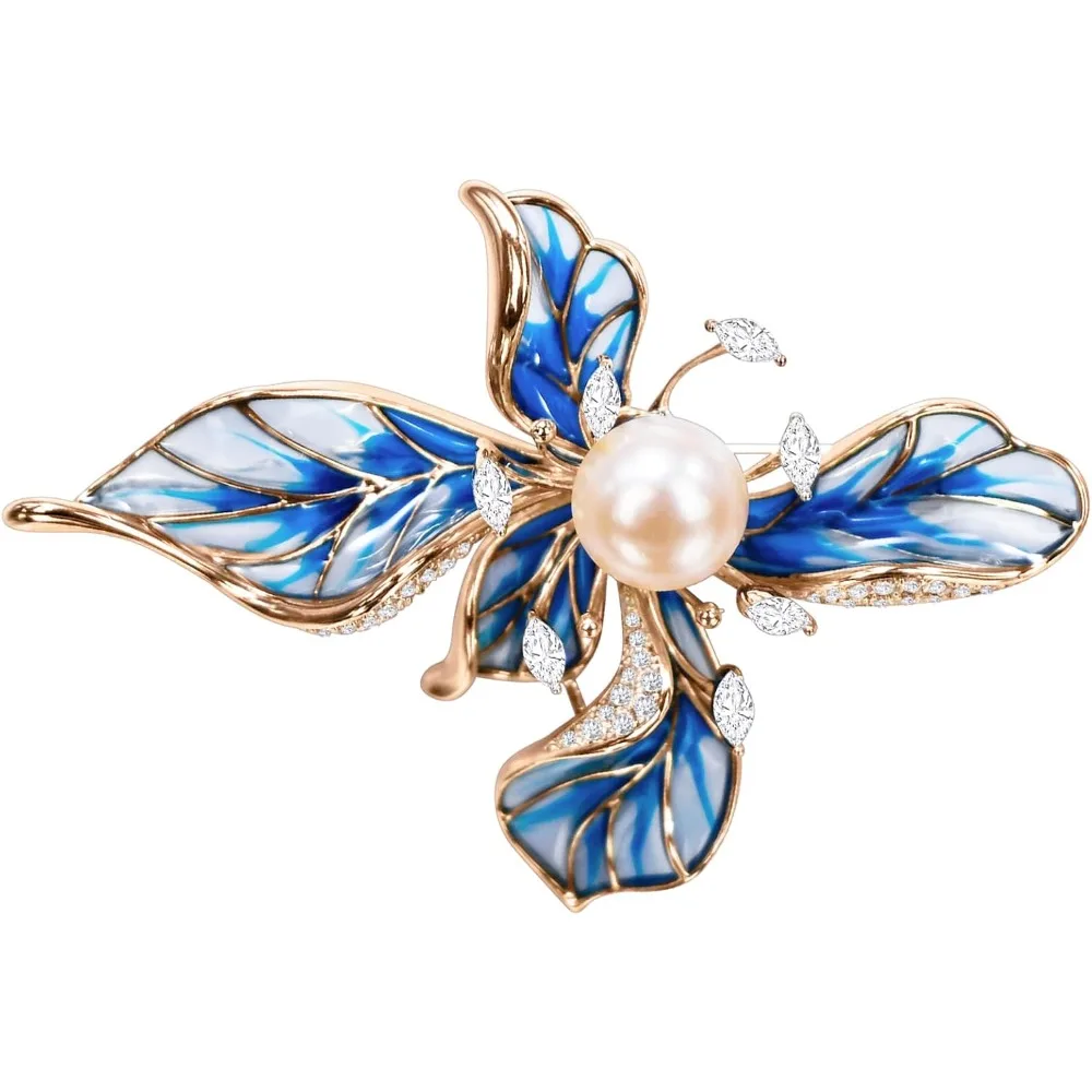 Brooches For Women,14k Gold Plated Copper,Cubic Zirconia French Iris Pearl Brooch Pins For Women ，Pearl Broach，Flower Broach