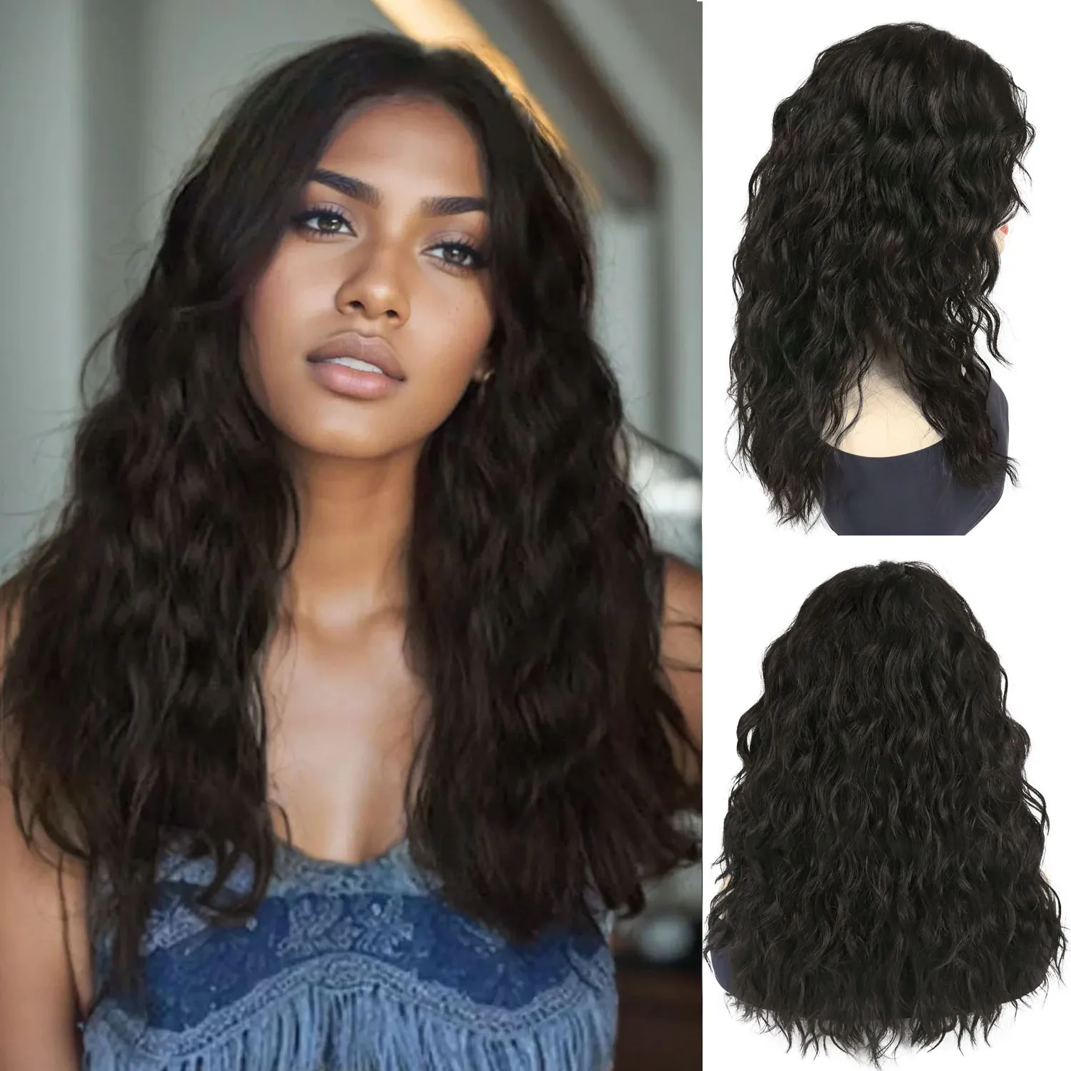 

GNIMEGIL Synthetic Dark Brown Wig Long Curly Hair Replacement Wig for Women Daily Use Wig with Bangs Cancer Patient Gift Costume
