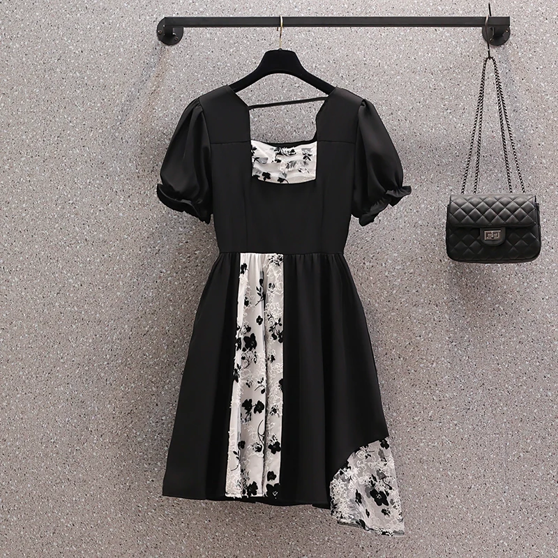 Summer Black Patchowrk Floral Asymmetrical Mini Dress Women Puff Sleeve Square Collar Sexy Dress 2024 Korena Elegant Party Dress