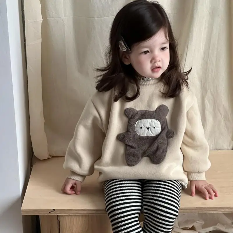 

2025 Winter New Baby Fleece Sweatshirt Girls Cartoon Pullover Plus Velvet Thick Infant Cotton Casual Tops Toddler Warm Clothes