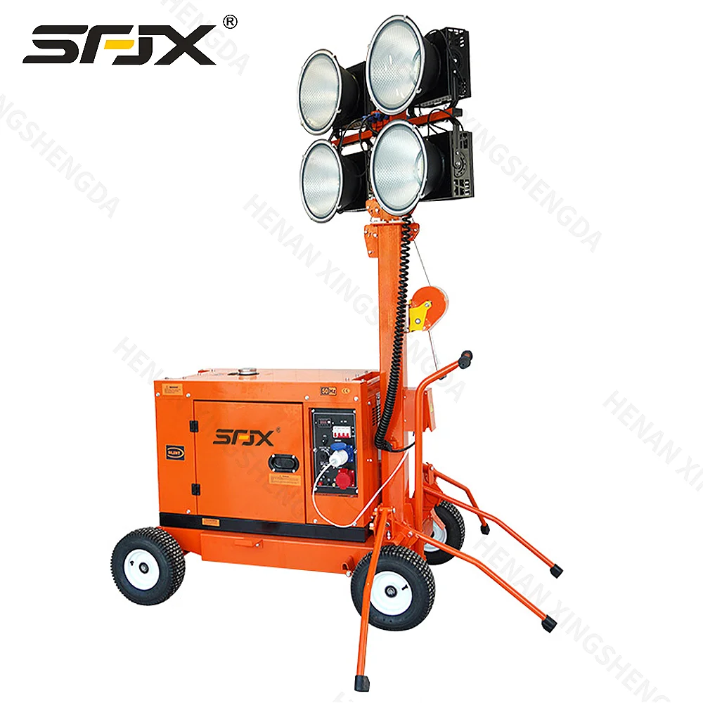 Maximum Height Mobile Lighthouse 5.5m Telescopic Light Tower Trailer Hand-Push LED 4x300W/400W/1000W 1 Year Low Maintenance Cost