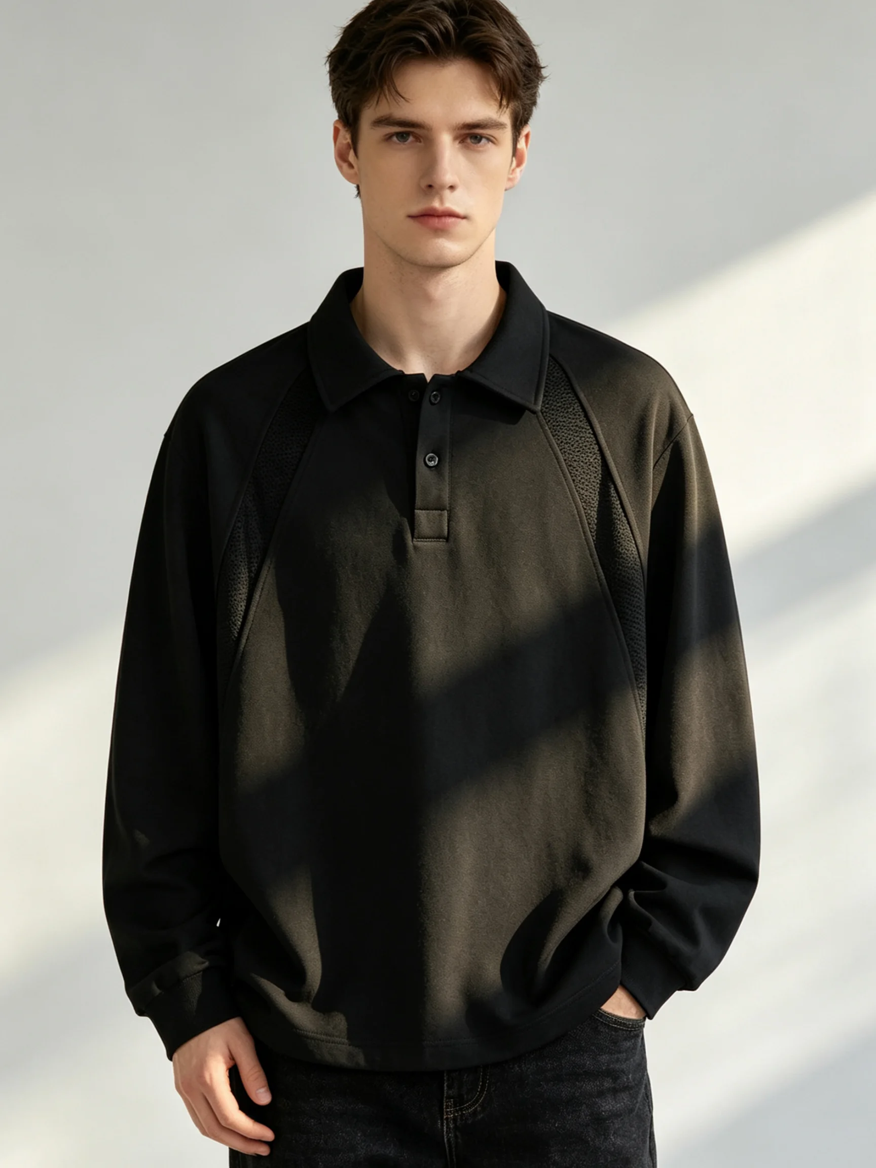 Men Black Relaxed Long Sleeve Polo Shirt Casual Half Button Placket Raglan Panel Tops