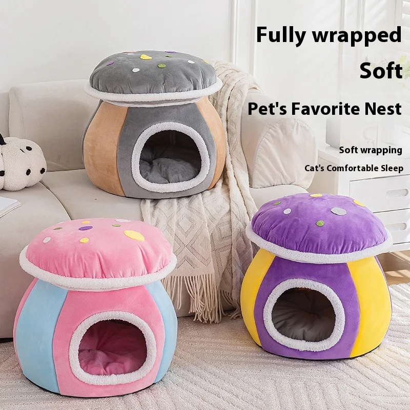 

Грибная кровать для кошек, зимняя утолщенная теплая плюшевая кровать с кроликом, съемная моющаяся круглая кровать для домашних животных для маленьких собак и кошек