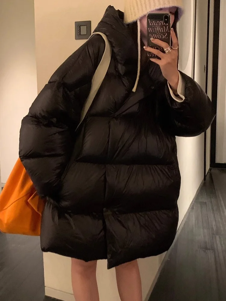 

ROUJE KEFSS New 90 White Duck down Black Hooded Puffer Jacket Women's Mid-Length Loose Outerwear Winter Commute Style