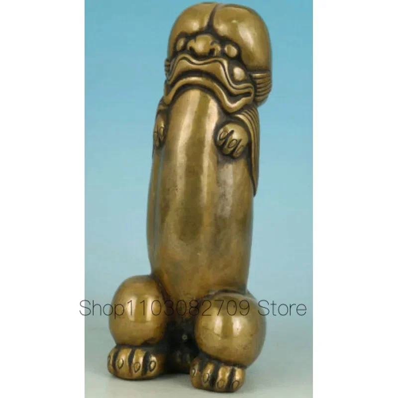 Bronze Action man guard Foo Dog Lion male Carved Penis God Collect Statue Figure