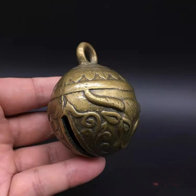 5.6cm Statue Collectable Chinese Pure Brass Carved Animal Faced Ox Head Cowbell And Wind Bell Exquisite Small Pendant Statues