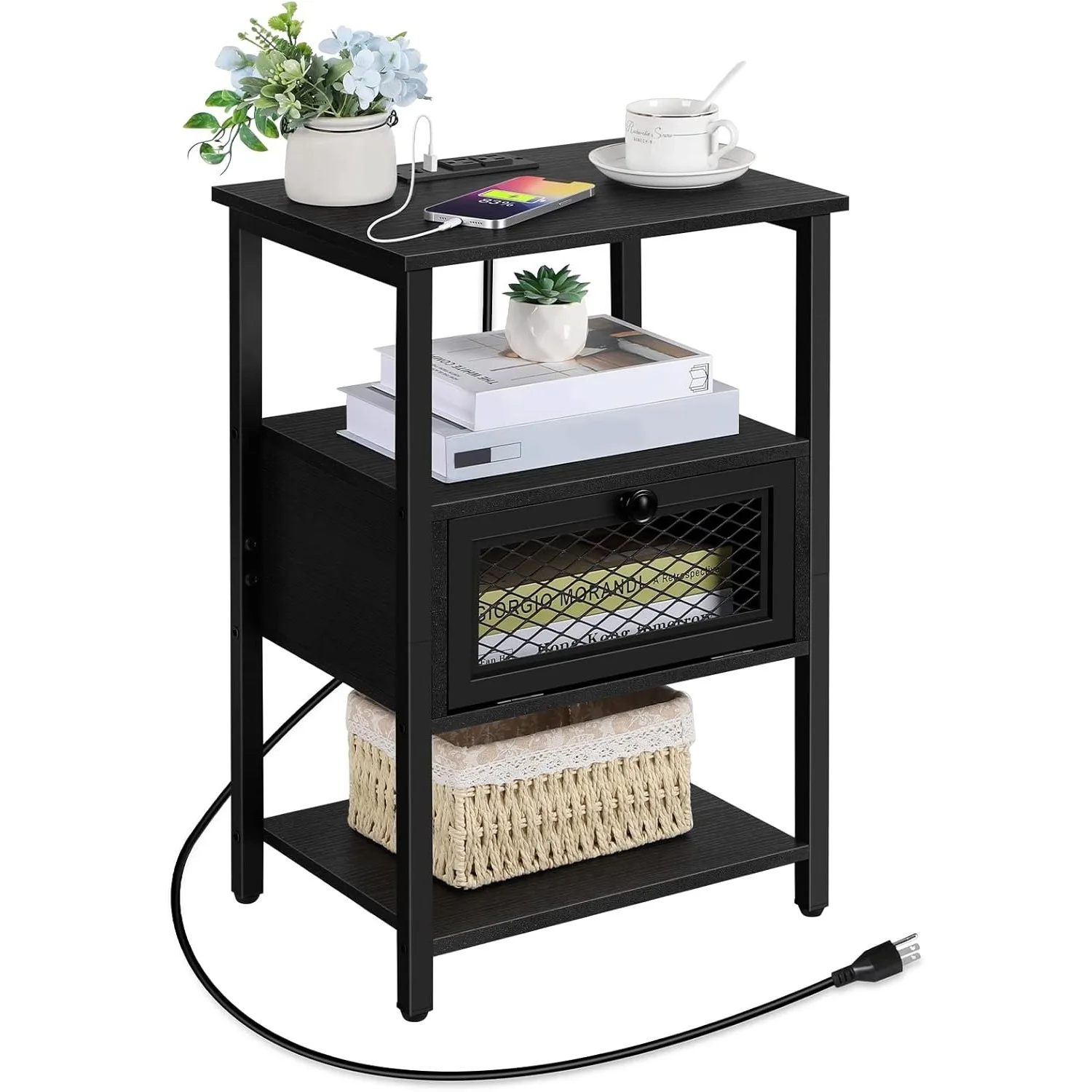

Bedside Charging Station Nightstand with Drawer & Shelf, Small USB/Outlet Table for Narrow Space Living Room (Black)