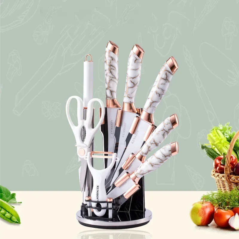 Morden Kitchen Knife 9pcs Acrylic Holder Stainless Steel Slicing Knife Luxury Kitchen Set