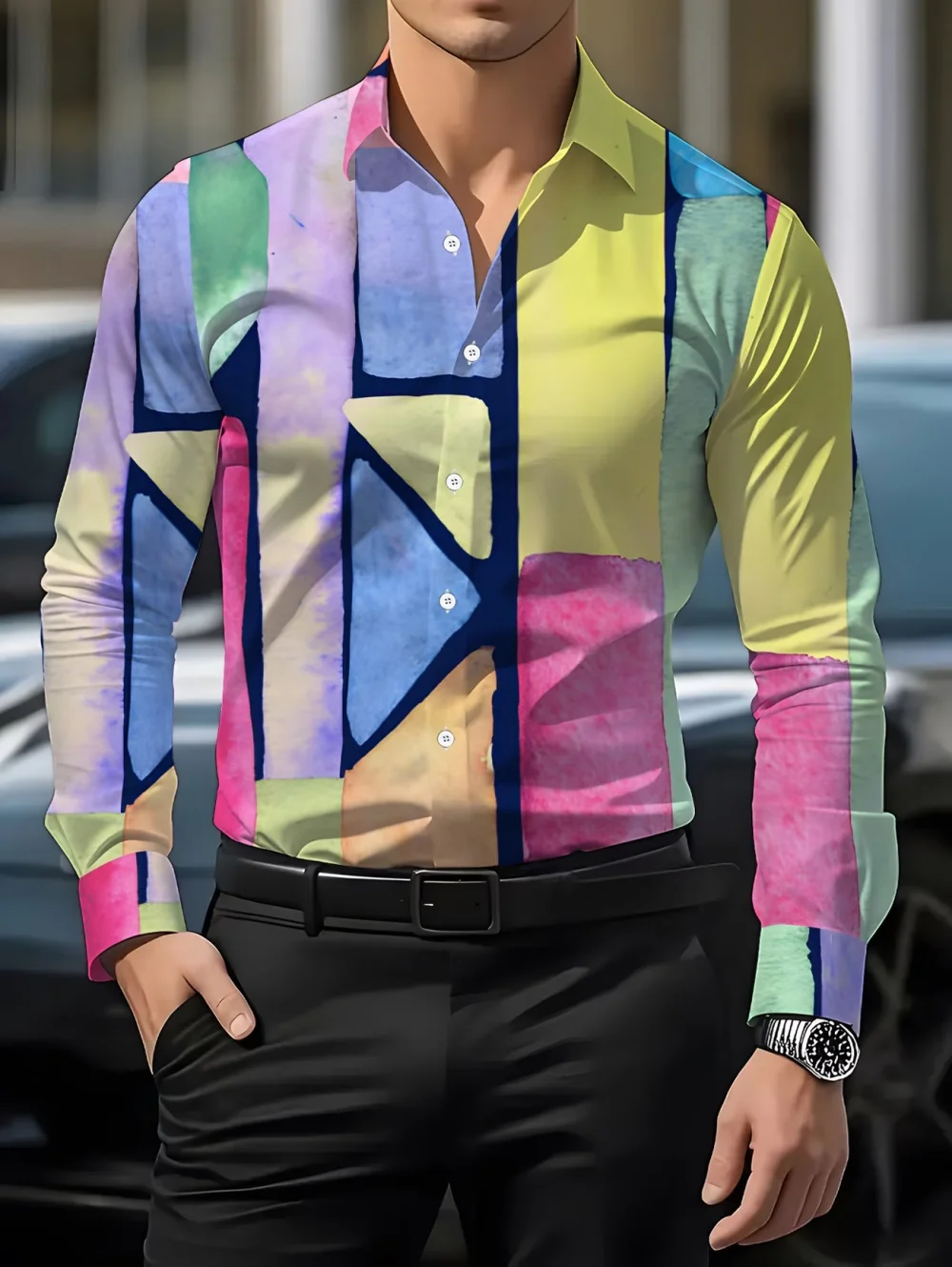 

2026 Novel Colorful Neon Painted Man Shirt Fashion Stripe Printed Pattern Long Sleeve Shirt Casual Street Lapel Long Sleeve Tops