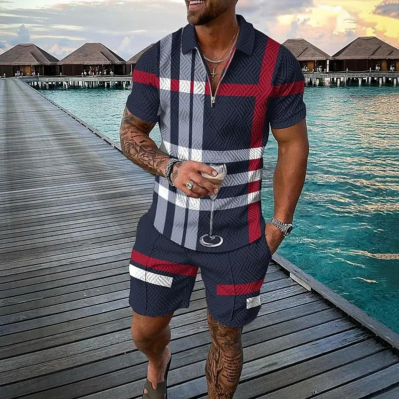 

Summer Men's Clothing 2 piece Set Vintage And Aged Patchwork Rags 3D Print Zipper Oversized Breathable Casual Set For Vacation