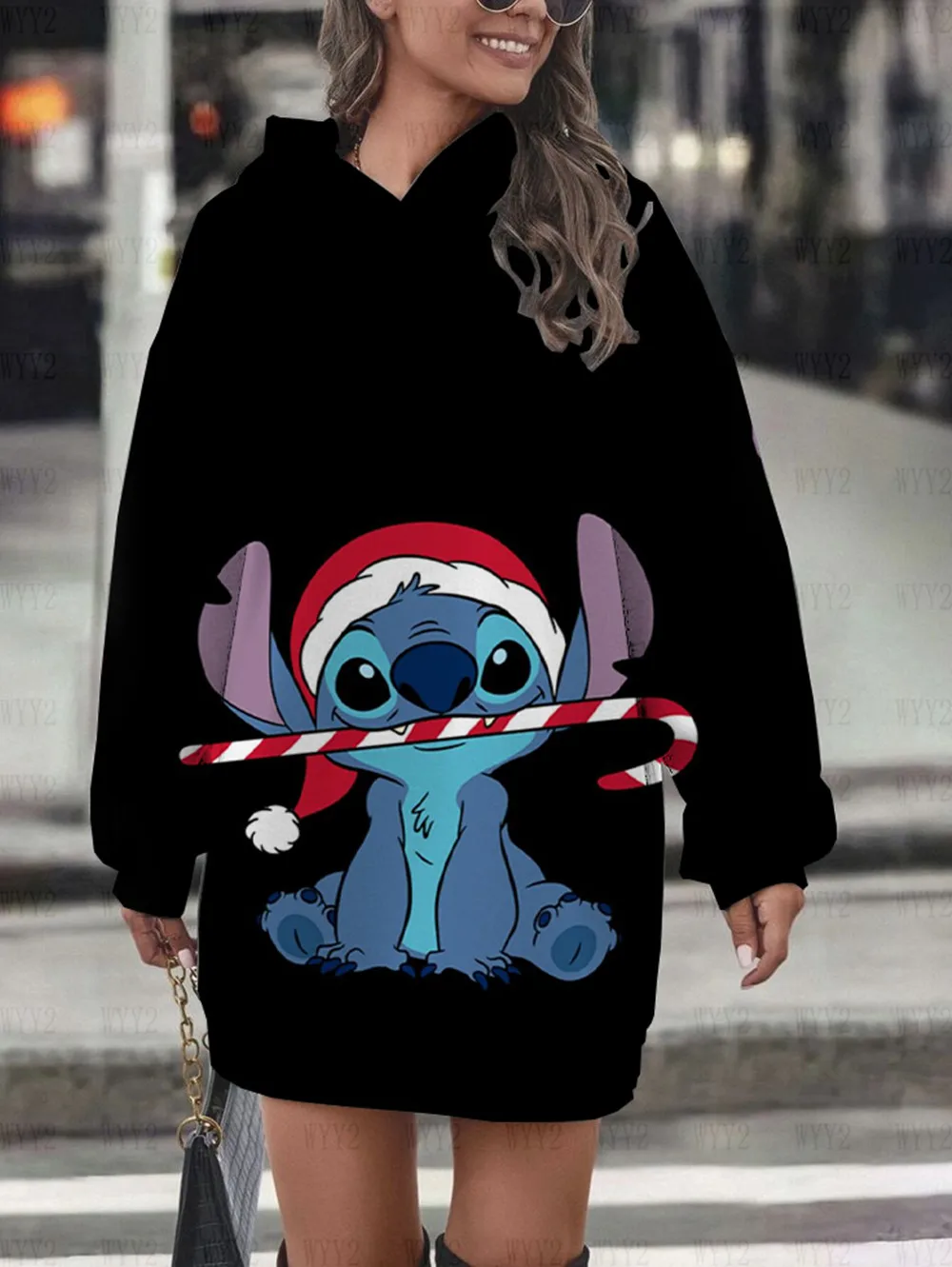 New Disney Stitch print hooded skirt women\'s casual street sweater dress Christmas loose series casual autumn and winter hoodie