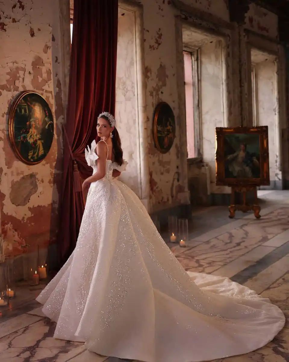 Magnifique robe de mariée sirène à paillettes, robes de patients personnalisées, une mariée initiée, tout ce qui est froncé, poignées amovibles, train de balayage