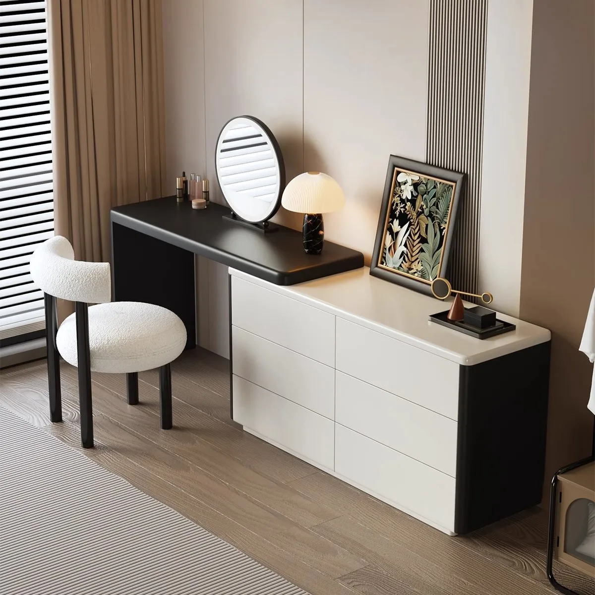 

Modern Makeup Vanity Desk Set with Mirror Chest of 6 Drawers Integrated Bedroom Makeup Table Large Vanity Coiffeuses Dresser