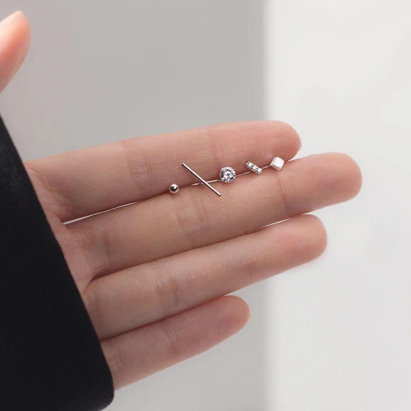 MloveAcc 925 Sterling Silver Tiny Cute Silver Geometric Stud Earrings for Women Girls Nice Casual Ear Jewelry 5pcs/set