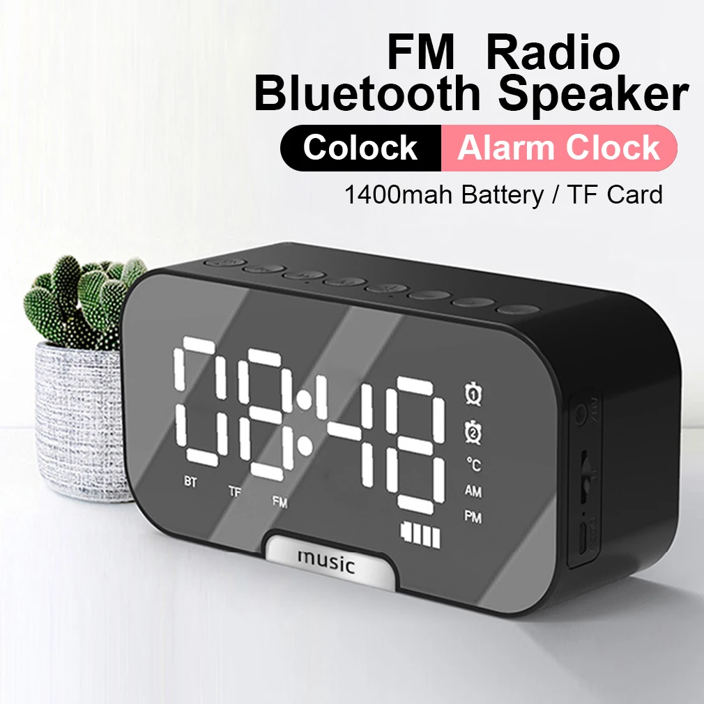 Wireless Bluetooth Speaker With FM Radio LED Electronic Alarm Clock Digital Display Mirror Alarm Clock Support TF Phone Holder