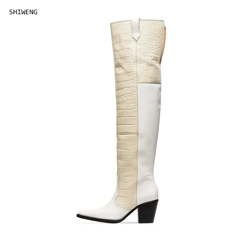 

2025 г., женские модные белые высокие сапоги из искусственной кожи, высокие высокие сапоги на высоком каблуке, женская обувь на молнии, элегантные 44