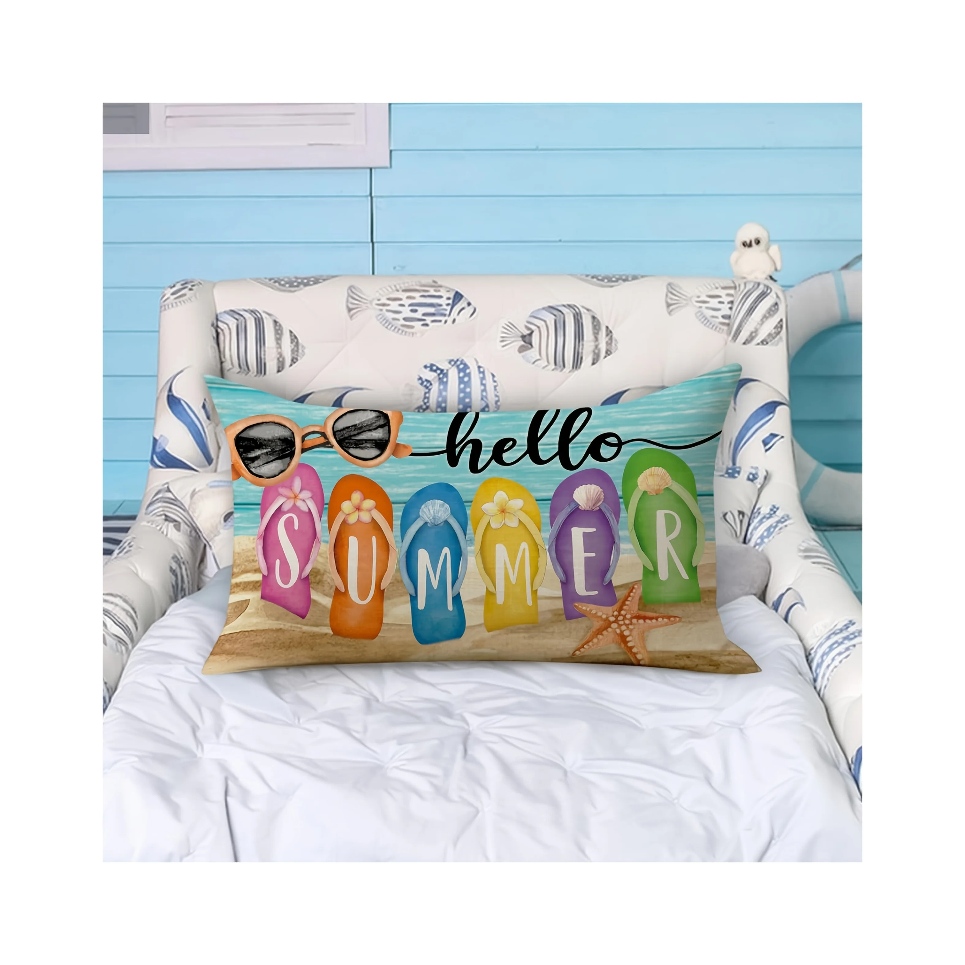 1pc Hello Summer Flip Flops Beach Printed Lumbar Pillow Cover, Suitable for Sofa, Patio, Living Room, Vacation Home,