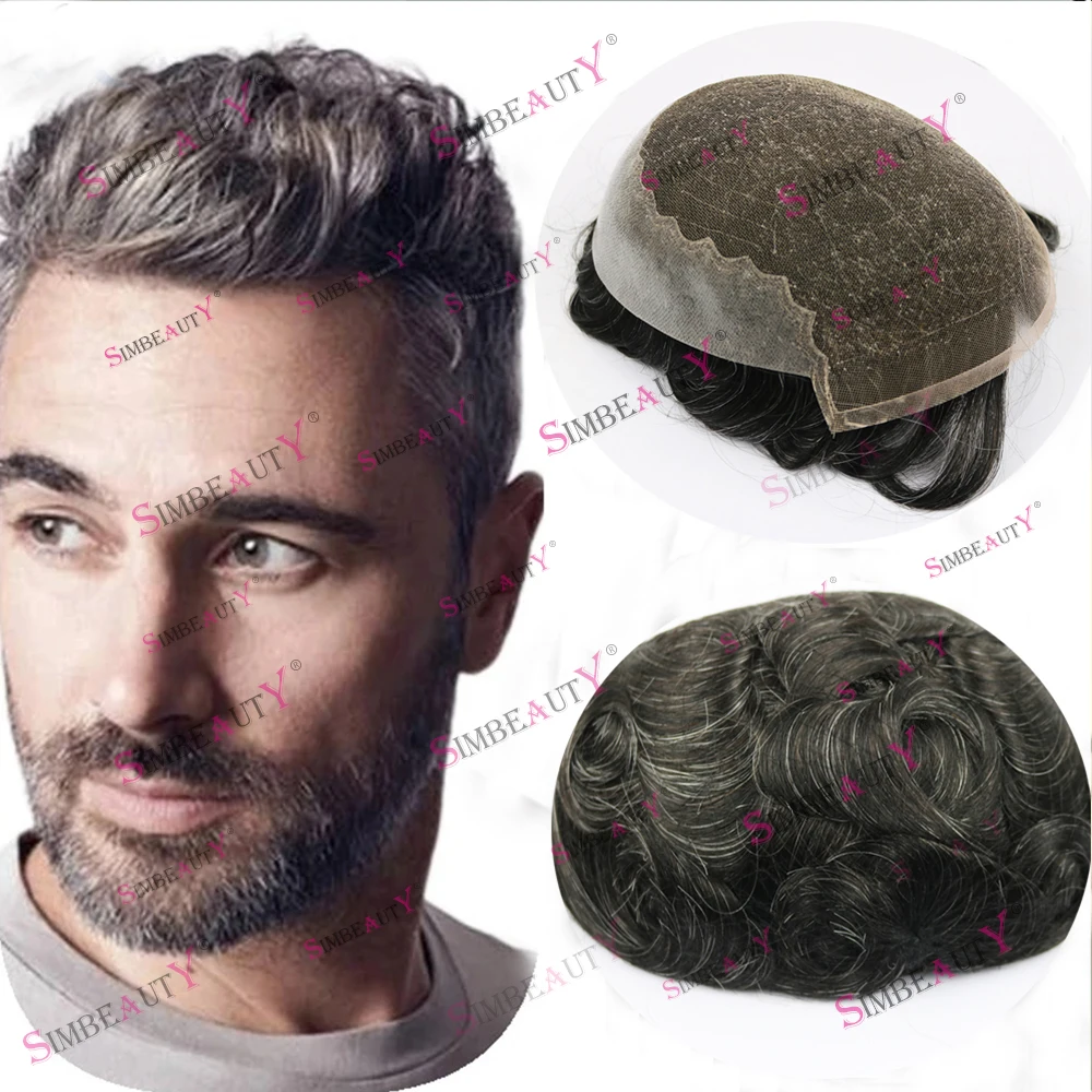 Gray Hair Mens Replacement System Q6 Breathable Lace Bleached Knots Natural Hairline Male Toupee Undetected Capillary Prosthesis