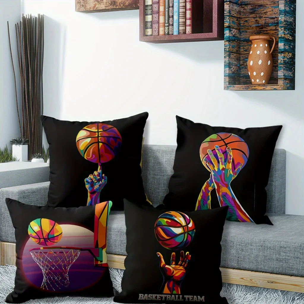 Set of 4 Throw Pillow Covers with Basketball Theme Art - Perfect for Game Room, Man Cave, or Sports Fan Decor