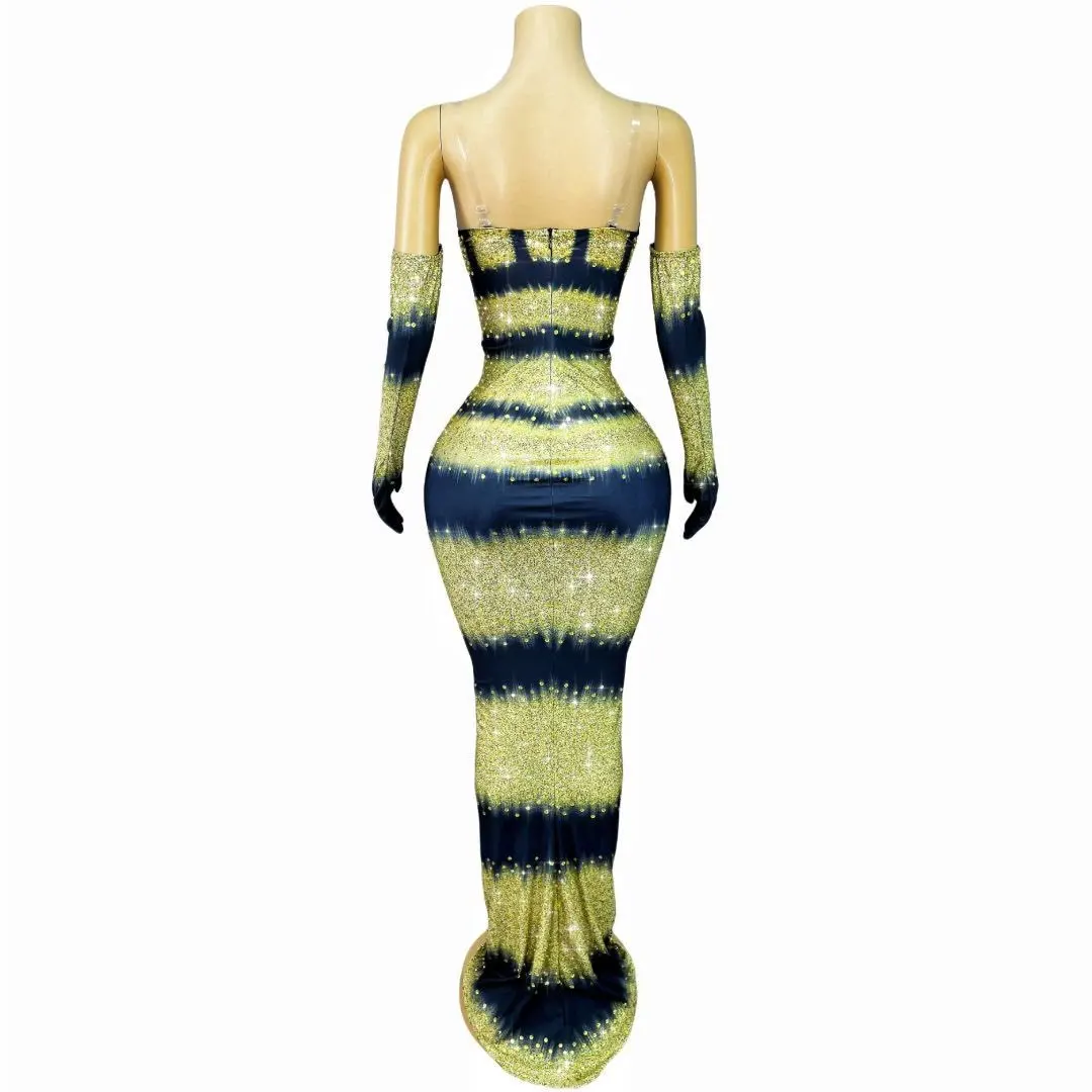 Sexy novo elegante piscando ouro strass luvas vestido fora do ombro vestido de baile de noite feminino tapete vermelho roupa de palco