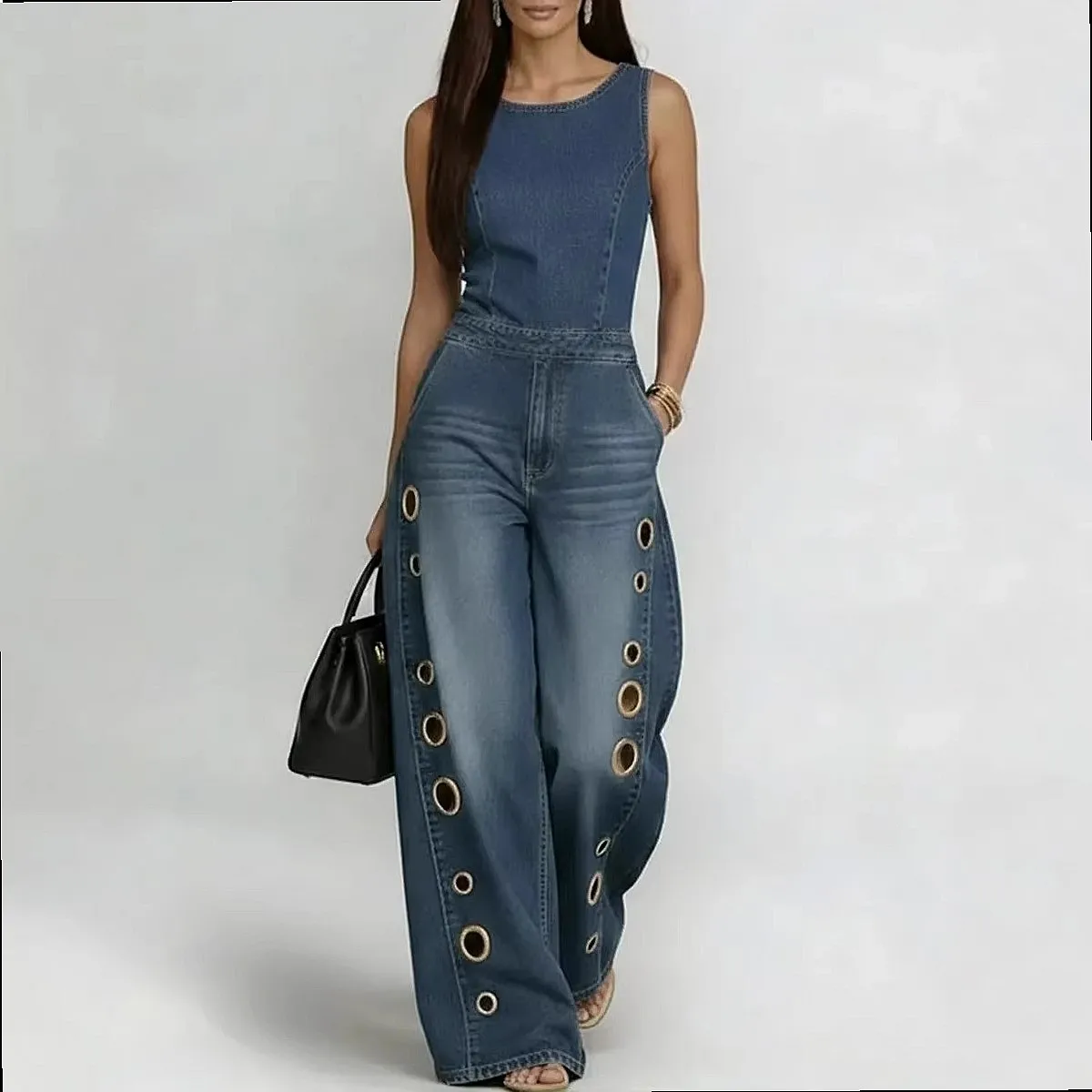 High Waist Loose Denim Jumpsuit Women Hollow Metal Eyelet Design Overall Playsuit