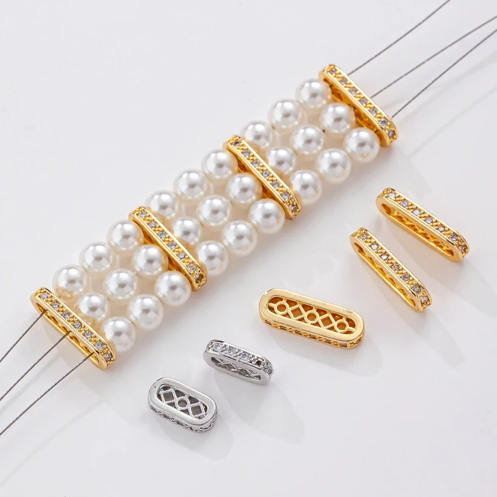 14K Gold Color Plated Porous Elliptical Zircon Bead Spacer DIY Pearl Bracelet Connector Jewelry Making Supplies Accessories 4pcs