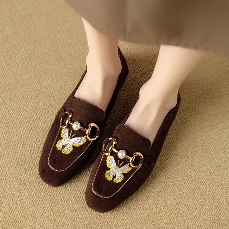 2024Spring/Summer New Sheep Suede Flat Bottom Lefu ShoesWomen's Shoes Butterfly Metal Buckle One Step Shallow Mouth Single Shoes