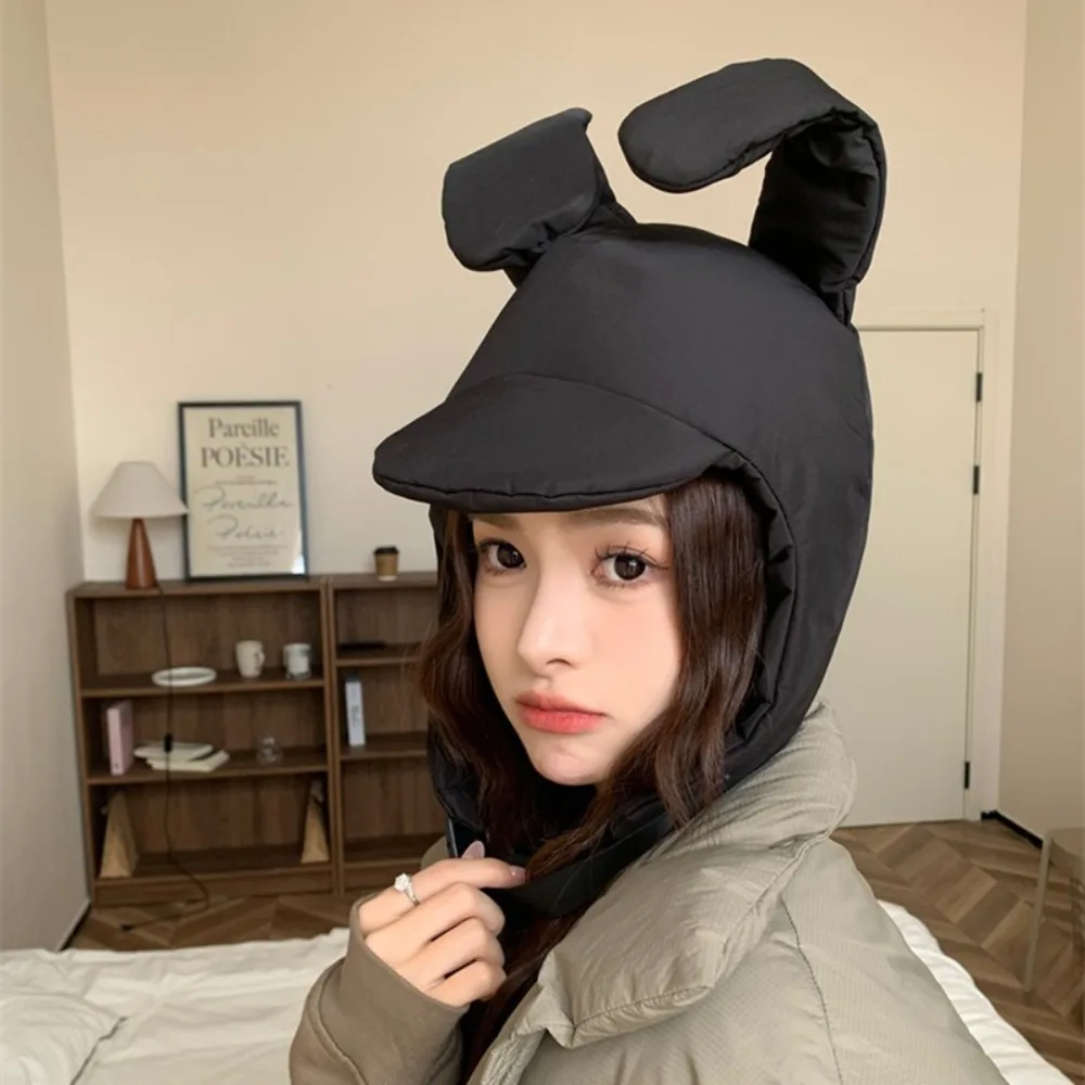 Ultra-Light Windproof Rabbit Ear Padded Hat Solid Color Short Brim Pilot Hat Adjustable Thickened Ear Protection Hat Outdoor