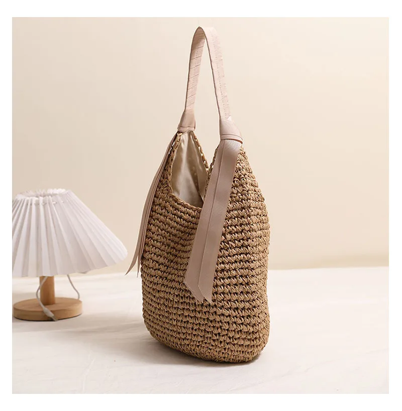 Neue 2026 Einfarbige Strohtasche Sommer Bohemian Style Strandurlaub Einzel-Schultertasche Geflochtene Handtasche für Damen – Detail 8