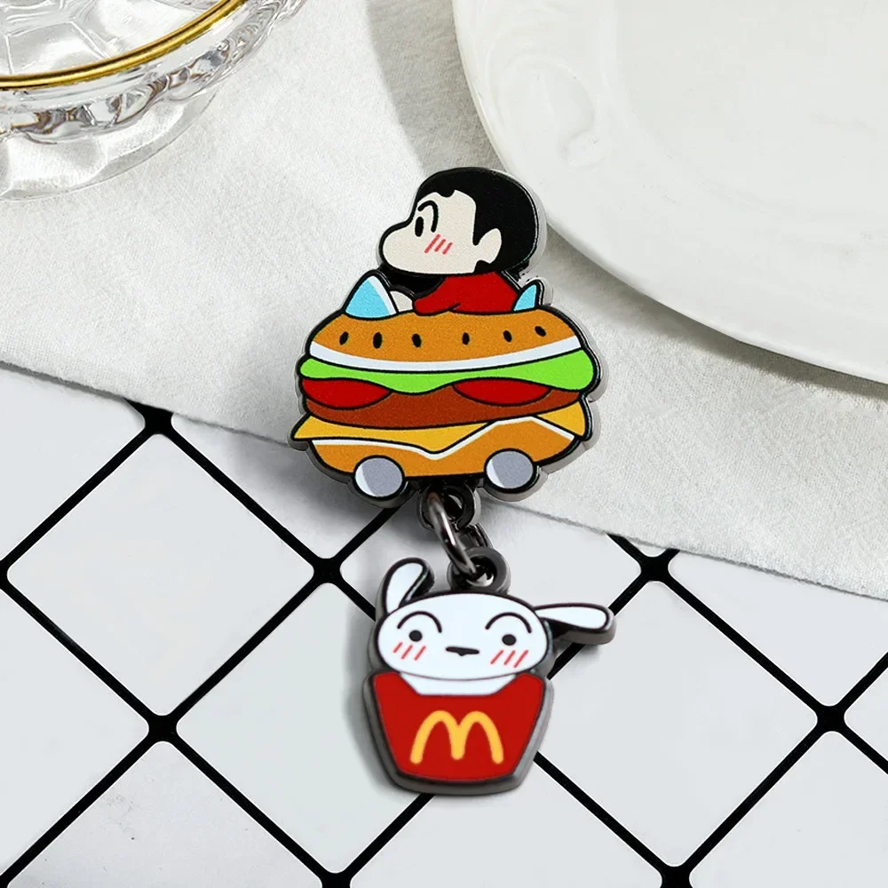 2026 New Crayon Shin-chan Enamel Pin Hamburger Dangle Brooch Anime Metal Lapel Badge Backpack Clothes Decor Jewelry Gift