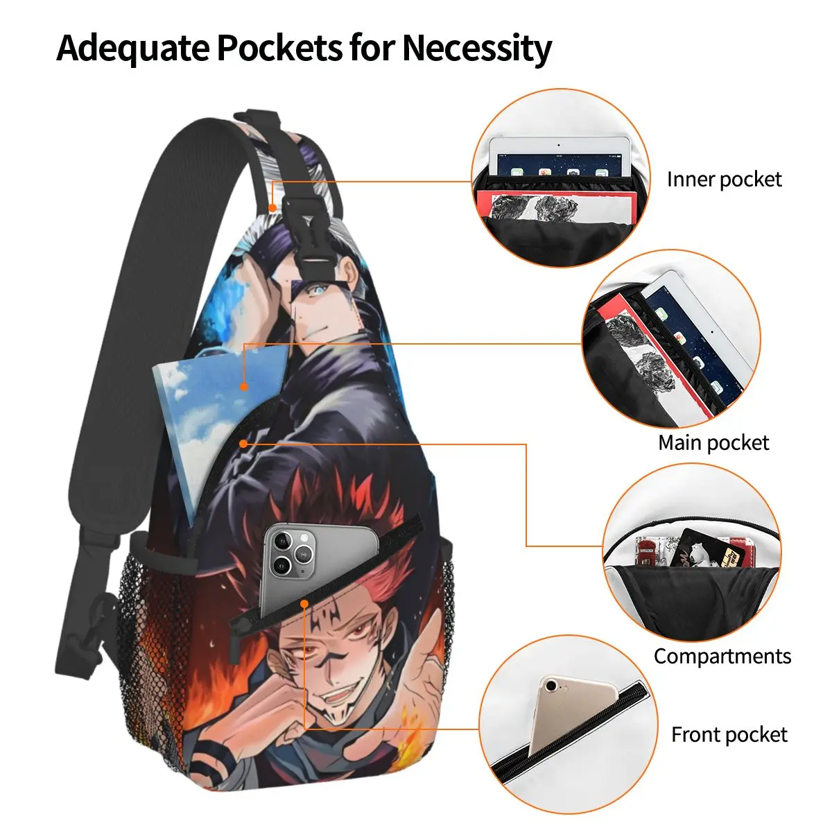 Sukuna Dan Gojo Satoru Jujutsu Kaisen Cross body Schulter tasche bedruckte Brusttasche Schulter rucksack Tages rucksack zum Wandern Radfahren Bücher tasche