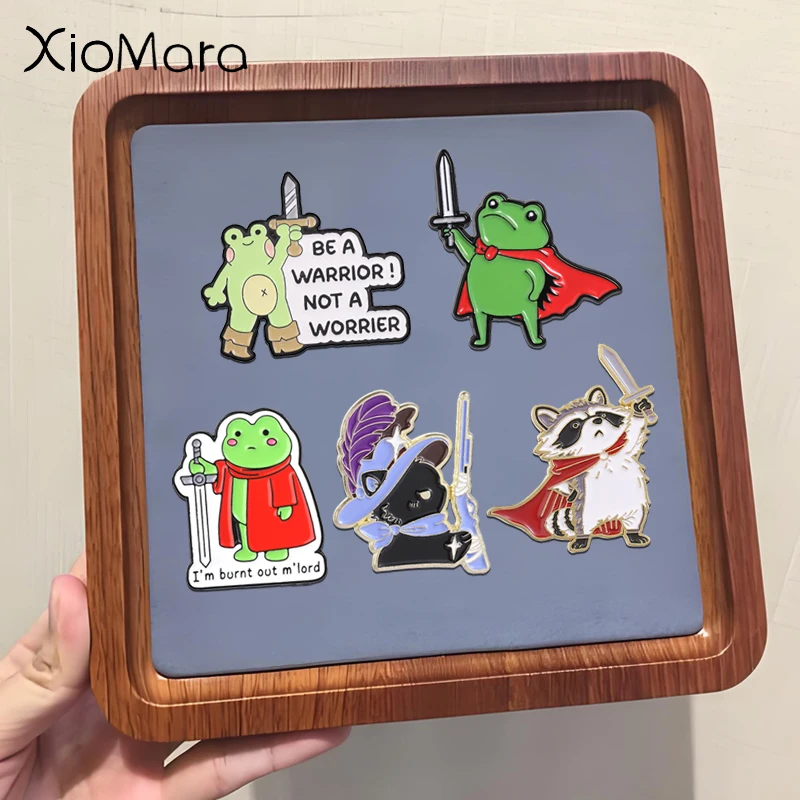 Cute Knight Frog Raccoon Badge Cartoon Brave Cat Holding Sword Adventure Theme Enamel Pins Jewelry Accessories Gift for Friends