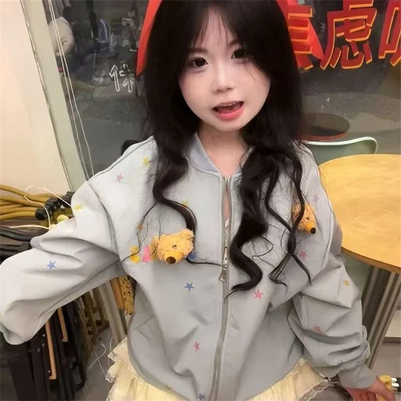 여성용 도파민 베어 펜던트 코트 2025년 봄 신상 루즈핏 스몰 스타 프린트 다용도 학생용 트렌디 탑 여성