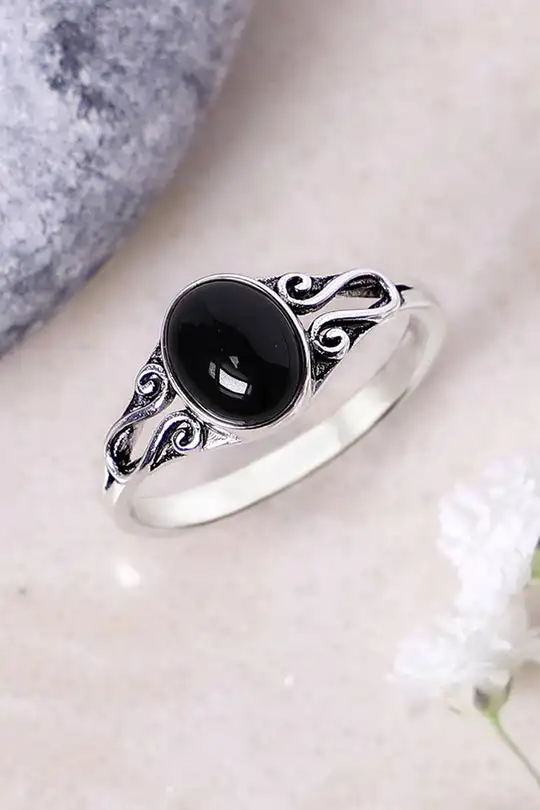 925 Sterling Silver Black Onyx Gemsone Bali Scroll Ring for Women Party Gift