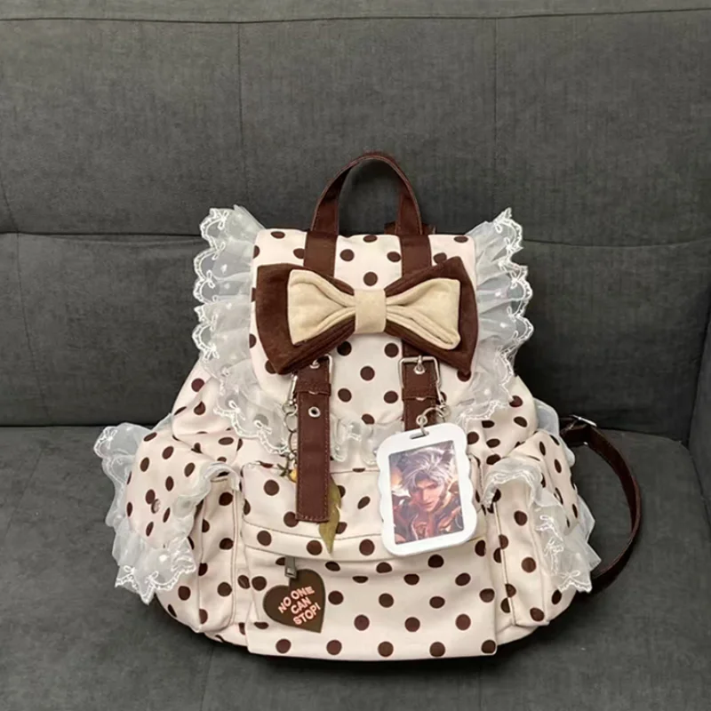 

Рюкзак в стиле преппи с принтом в горошек, милый, с бантом и кружевным декором, с множеством карманов, большой вместимости, простая студенческая сумка для поездок, модный рюкзак в стиле Y2K