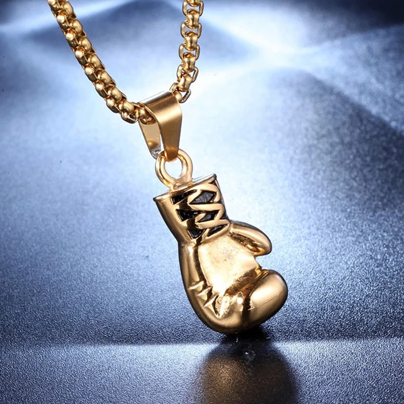 Hip Hop Boxing Gloves Pendant Necklace For Men Male Gold Color Personality Fitness Exercise Stainless Steel Chain Neck Jewelry