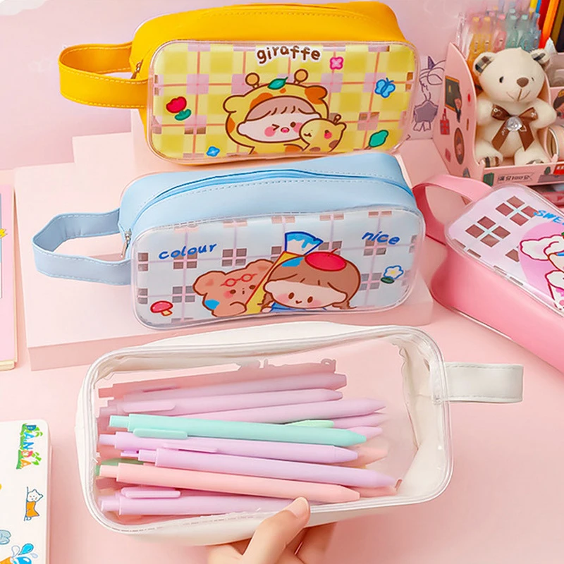Cute Sweetheart PVC Handheld Pen Case Storage Stationery Bag Simple Pencil Box Transparent Large Capacity Pencil Case Kids Gift