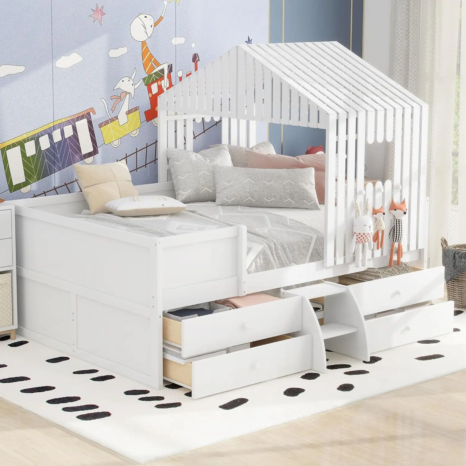 Letto a soppalco Full Size per bambini, letto a soppalco completamente basso in legno con 4 cassetti, struttura completa del letto con tetto e finestre, cabina