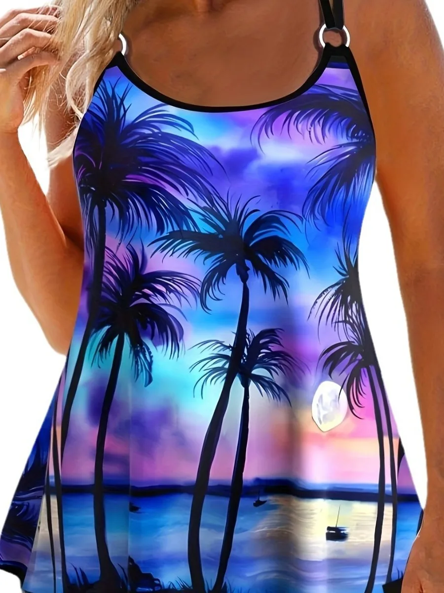 Plus Size Swimwear Women Tankini Beach Wear 2024 Bikini Set Coconut Print Two Piece Swimsuit Woman Bath Suits Big Size Monokini