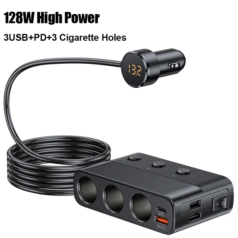 128W Auto-Ladegerät Splitter Multi-Port USB C PD30W QC3.0 Zigarettenanzünder-Adapter mit Schalter für Fahrzeuge