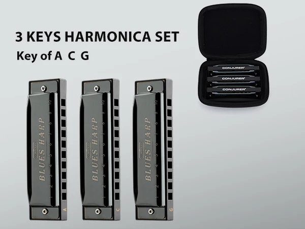 CONJURER Blues harmonica set with 3 keys (A,C,G) 10 Hole 20 Tone Diatonic for Adults Beginners Professionals