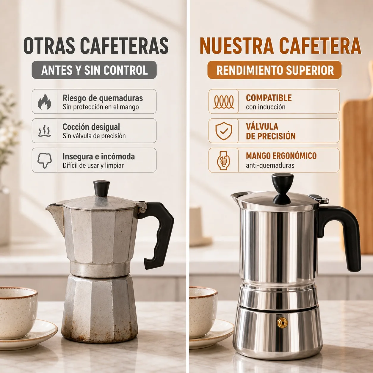 Cafetera Italiana de Acero Inoxidable para Inducción, Moka Pot de 300ml para 4 Tazas, Cafetera Espresso Manual con Mango Ergonómico y Válvula de Seguridad, Diseño Premium 18cm