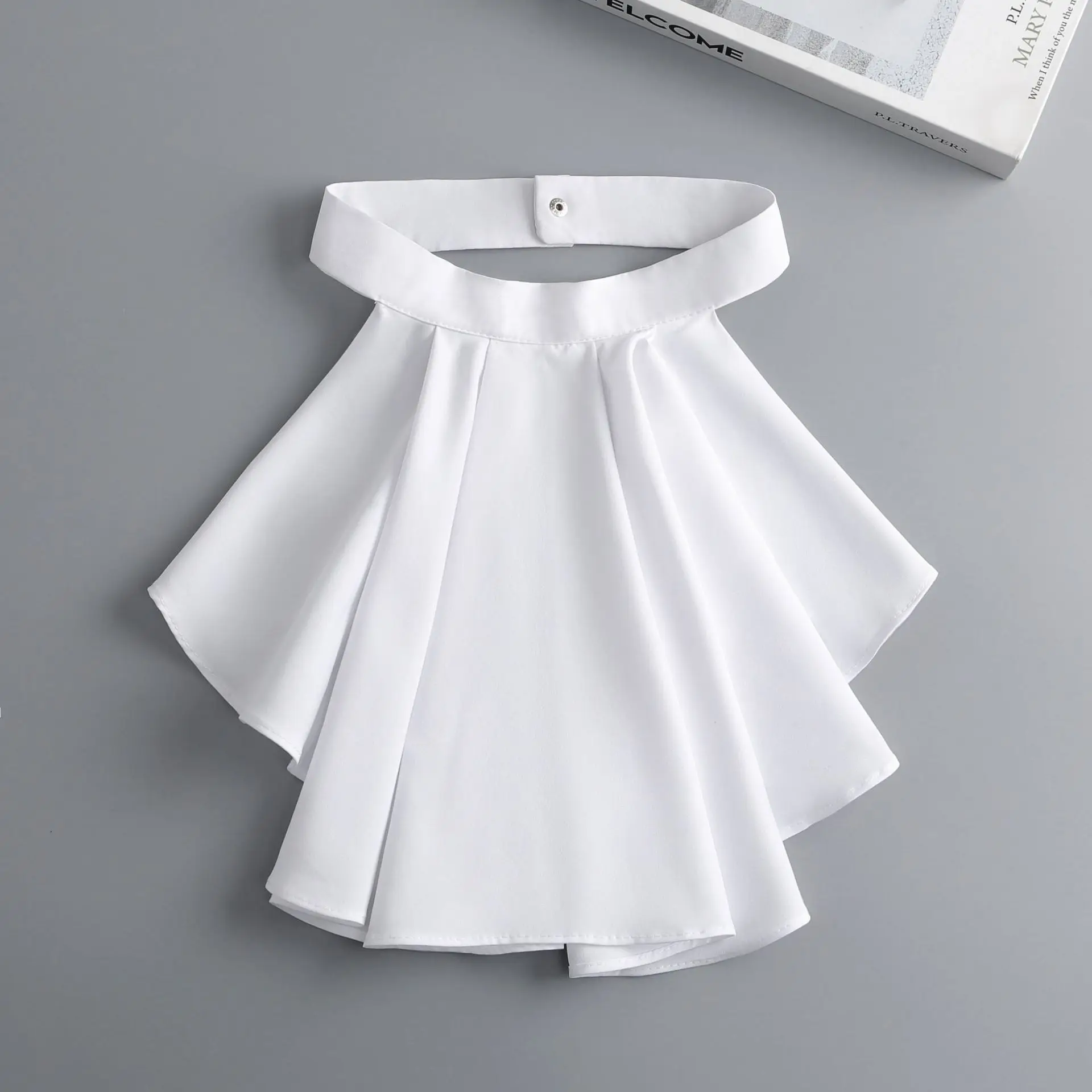 Women's Palace Style Cotton Dress Black and White Pleated Ruffle Stand Collar with Buckle Accessories