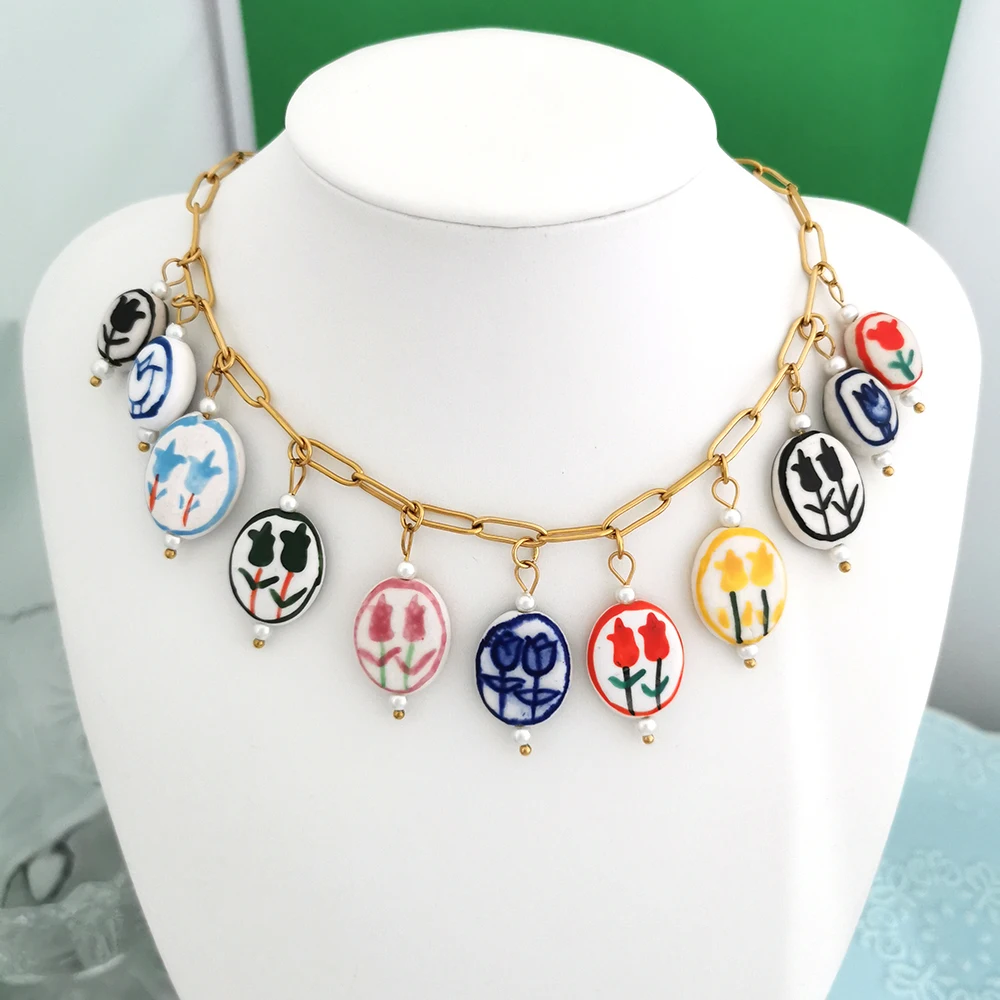 2pcs/lot Flower Ceramics Clay Tulip Pendant Charm Handmade DIY Necklace Stainless Steel Blue Painting Imitation Pearl Wholesale