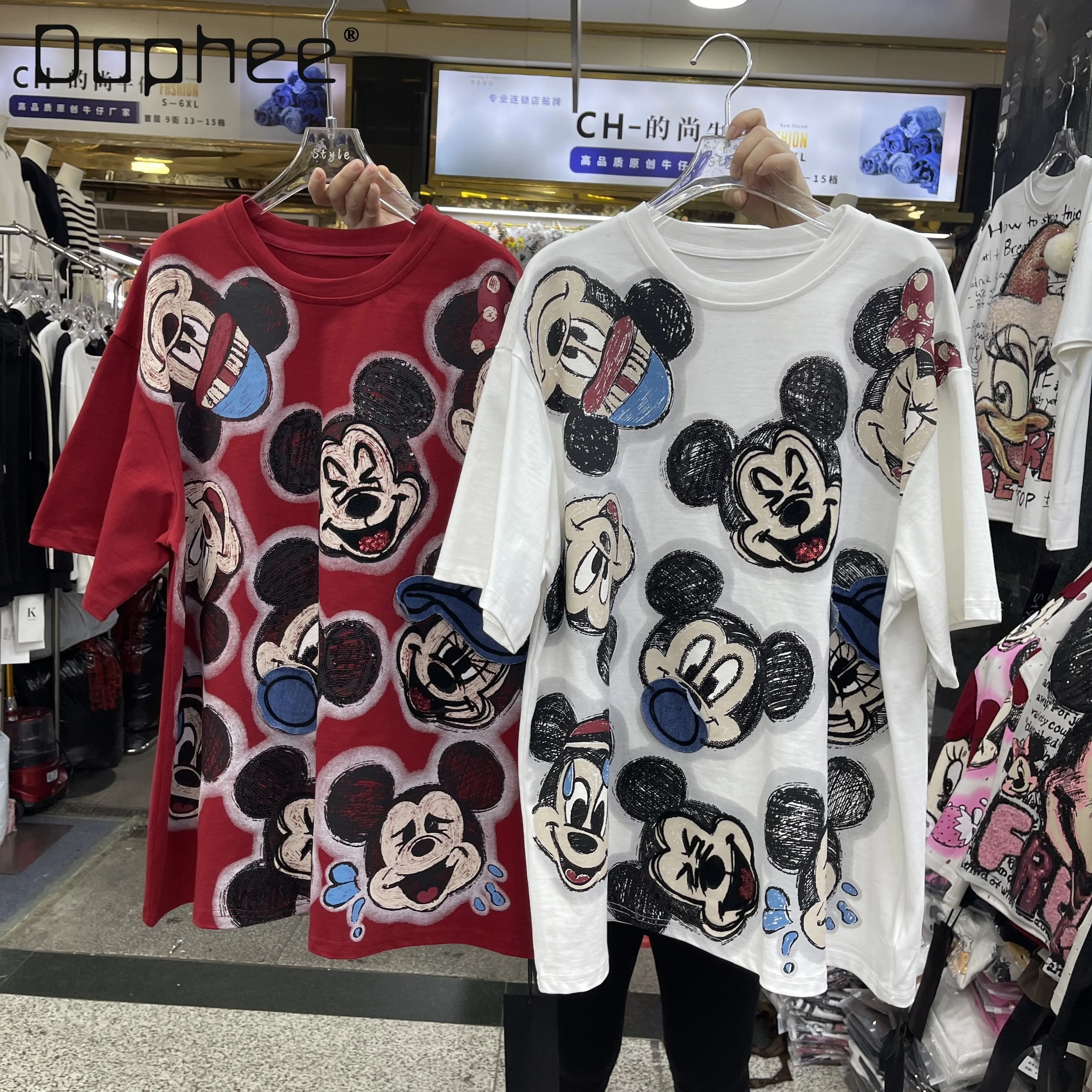 

Short Sleeve T-Shirt for Women 2025 Autumn New Heavy Craft Sequin Cartoon Print Mid-Length Top Trendy Vintage Clothes