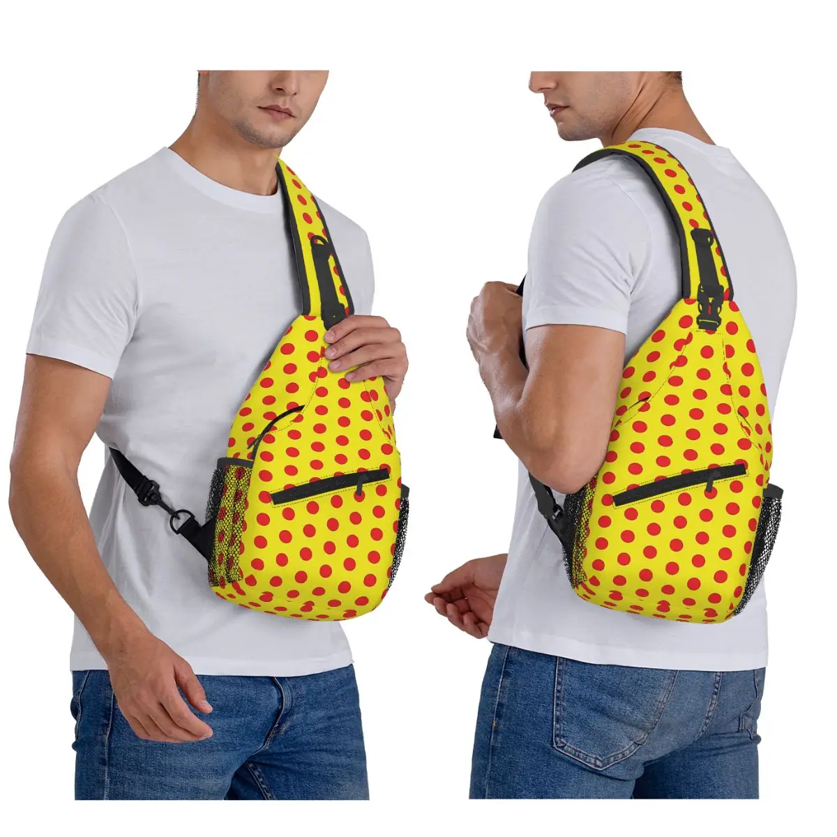 

Classic Red And Yellow Polka Dot Pattern Chest Bag Men Sling Crossbody Backpack Chest Bag Travel Hiking Daypack Shoulder Bag