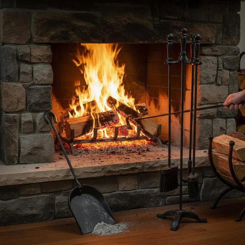 

Fireplace Tool Set, 4 PCS Fire Tool Set and Holder with Three-Prong Stand, Ash Shovel, Brush, Fire Place Poker, Wrought Iron