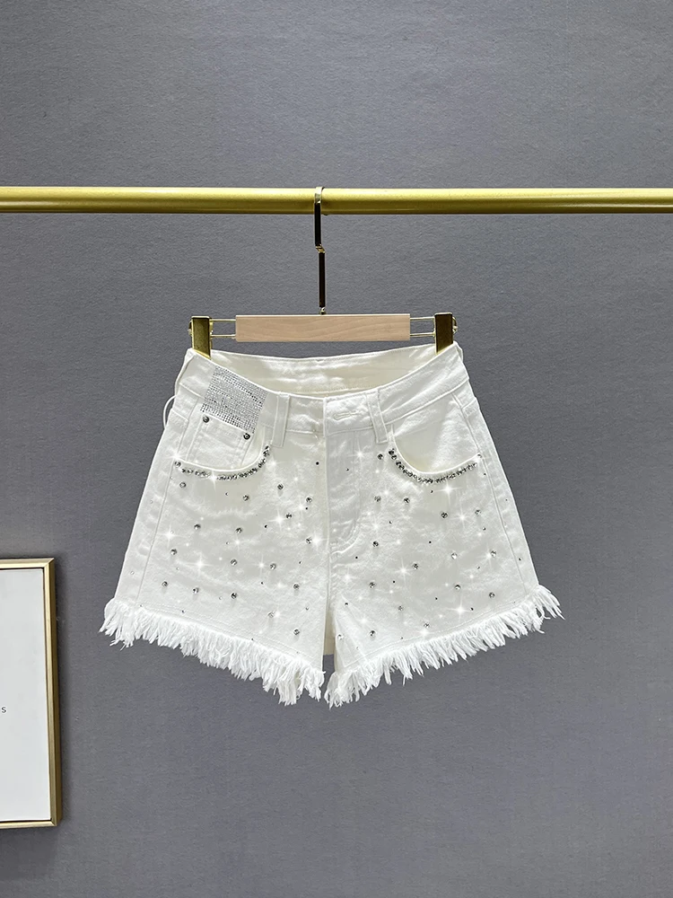 

Trendy Diamond Embellied High Waist Slimming Summer Denim orts Women's A-Line Wide Leg Pants Hot orts Cotton Stretch Denim