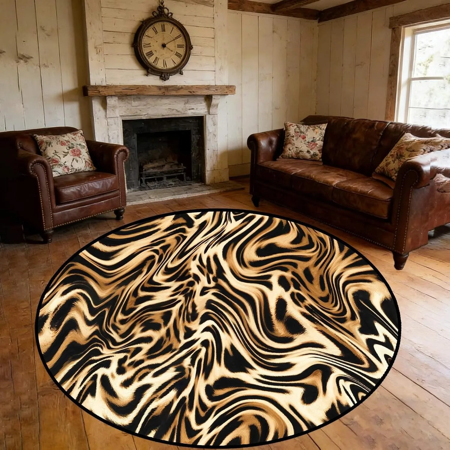 Vintage Round Rug Black White Animal Print Area Rug Farmhouse Style Polyester Floor Mat Living Room Bedroom Home Decor Carpet